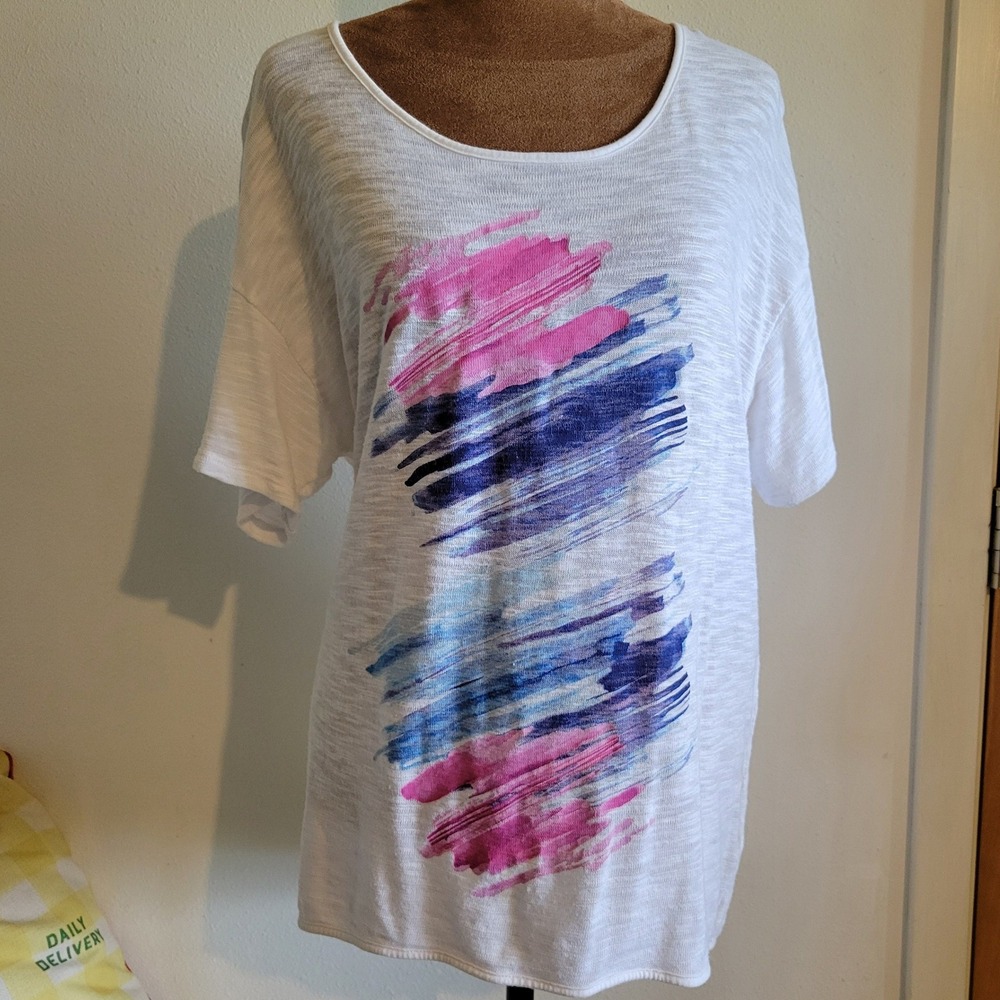 Active Womens White Abstract‎ Watercolor Graphic Tee Keyhole Back Slub Knit L